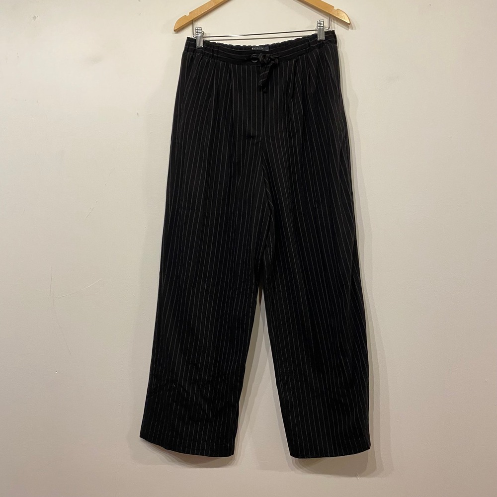 ASOS Black Pinstripe Wide Leg Trousers Drawstring Pants Size 8 Dark Academia